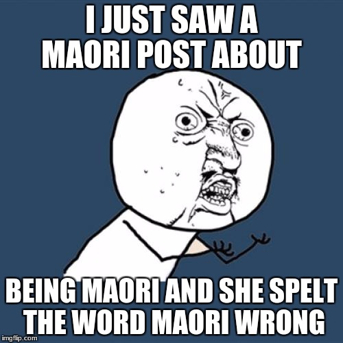 Y U No Meme | I JUST SAW A MAORI POST ABOUT; BEING MAORI AND SHE SPELT THE WORD MAORI WRONG | image tagged in memes,y u no | made w/ Imgflip meme maker