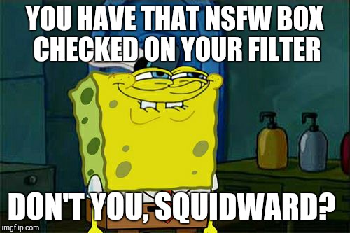 Don't You Squidward Meme | YOU HAVE THAT NSFW BOX CHECKED ON YOUR FILTER; DON'T YOU, SQUIDWARD? | image tagged in memes,dont you squidward | made w/ Imgflip meme maker