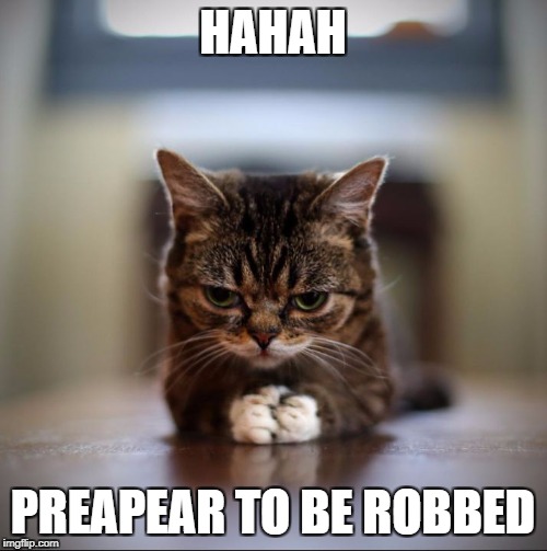 Evil Lil Bub | HAHAH PREAPEAR TO BE ROBBED | image tagged in evil lil bub | made w/ Imgflip meme maker