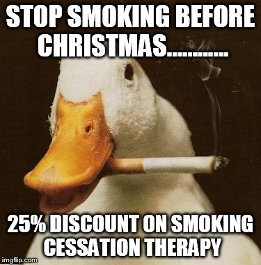 Smoking Duck | STOP SMOKING BEFORE CHRISTMAS............ 25% DISCOUNT ON SMOKING CESSATION THERAPY | image tagged in smoking duck | made w/ Imgflip meme maker