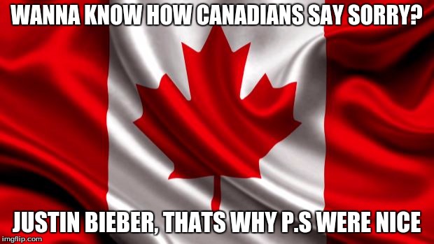 canadian flag | WANNA KNOW HOW CANADIANS SAY SORRY? JUSTIN BIEBER, THATS WHY P.S WERE NICE | image tagged in canadian flag | made w/ Imgflip meme maker