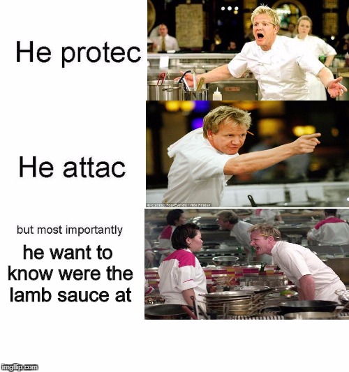 Gordon Ramsey, back at it agian! | he want to know were the lamb sauce at | image tagged in he protec,memes,funny,gordon ramsey | made w/ Imgflip meme maker
