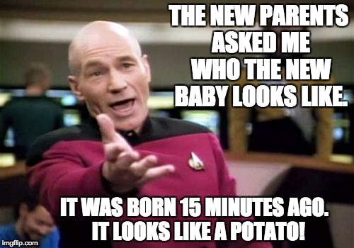 Picard Wtf Meme | THE NEW PARENTS ASKED ME WHO THE NEW BABY LOOKS LIKE. IT WAS BORN 15 MINUTES AGO.  IT LOOKS LIKE A POTATO! | image tagged in memes,picard wtf | made w/ Imgflip meme maker