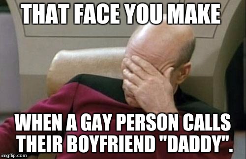 Captain Picard Facepalm Meme | THAT FACE YOU MAKE WHEN A GAY PERSON CALLS THEIR BOYFRIEND "DADDY". | image tagged in memes,captain picard facepalm | made w/ Imgflip meme maker