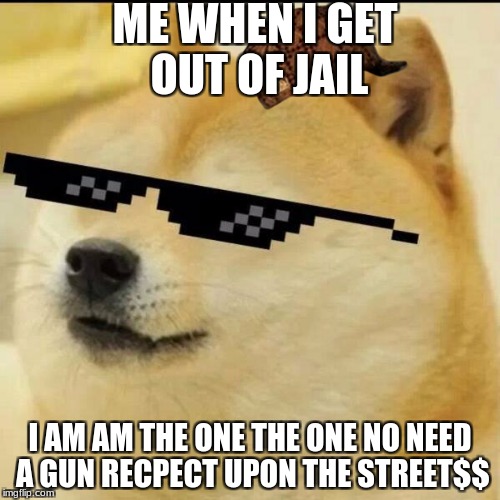 Sunglass Doge | ME WHEN I GET OUT OF JAIL; I AM AM THE ONE THE ONE NO NEED A GUN RECPECT UPON THE STREET$$ | image tagged in sunglass doge,scumbag | made w/ Imgflip meme maker