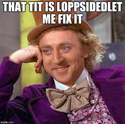 Creepy Condescending Wonka Meme | THAT TIT IS LOPPSIDEDLET ME FIX IT | image tagged in memes,creepy condescending wonka | made w/ Imgflip meme maker