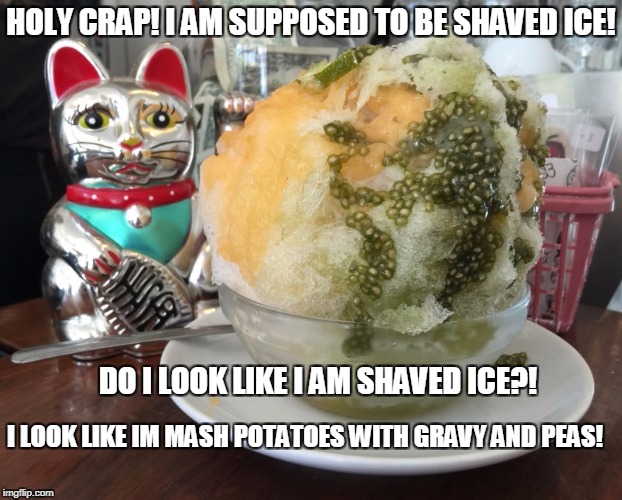 HOLY CRAP! | HOLY CRAP! I AM SUPPOSED TO BE SHAVED ICE! DO I LOOK LIKE I AM SHAVED ICE?! I LOOK LIKE IM MASH POTATOES WITH GRAVY AND PEAS! | image tagged in shaved ice foreign | made w/ Imgflip meme maker
