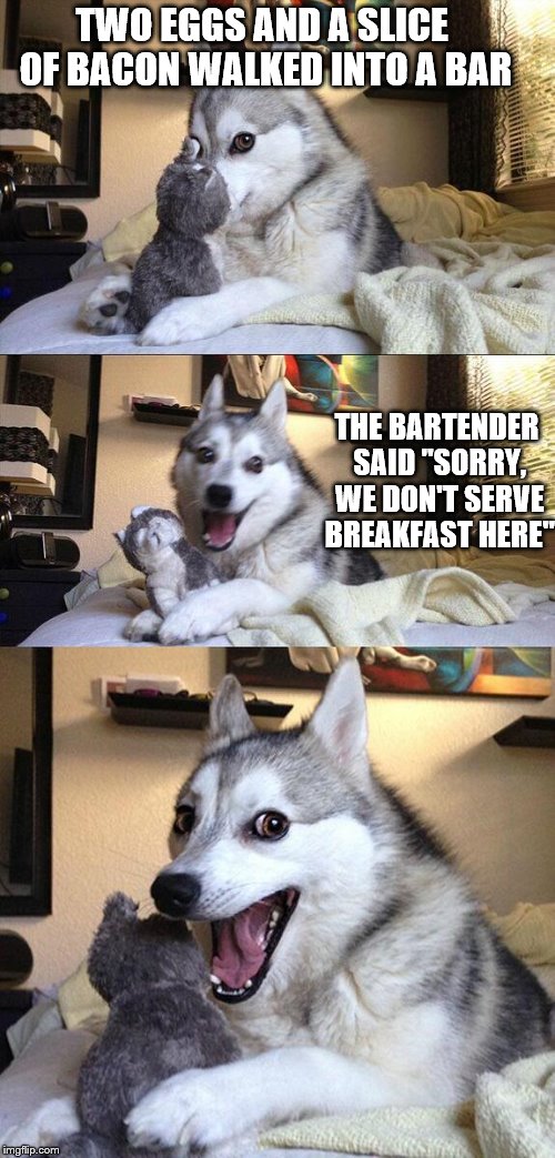 Bad Pun Dog | TWO EGGS AND A SLICE OF BACON WALKED INTO A BAR; THE BARTENDER SAID "SORRY, WE DON'T SERVE BREAKFAST HERE" | image tagged in bad pun dog | made w/ Imgflip meme maker