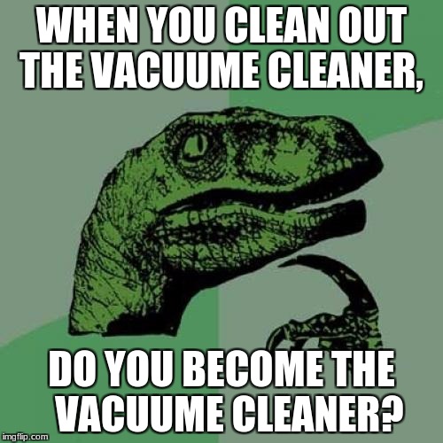 Philosoraptor | WHEN YOU CLEAN OUT THE VACUUME CLEANER, DO YOU BECOME THE 
VACUUME CLEANER? | image tagged in memes,philosoraptor | made w/ Imgflip meme maker
