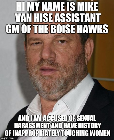 harvey weinstein | HI MY NAME IS MIKE VAN HISE ASSISTANT GM OF THE BOISE HAWKS; AND I AM ACCUSED OF SEXUAL HARASSMENT AND HAVE HISTORY OF INAPPROPRIATELY TOUCHING WOMEN | image tagged in harvey weinstein | made w/ Imgflip meme maker