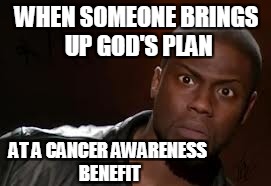 Kevin Hart | WHEN SOMEONE BRINGS UP GOD'S PLAN; AT A CANCER AWARENESS BENEFIT | image tagged in memes,kevin hart the hell | made w/ Imgflip meme maker