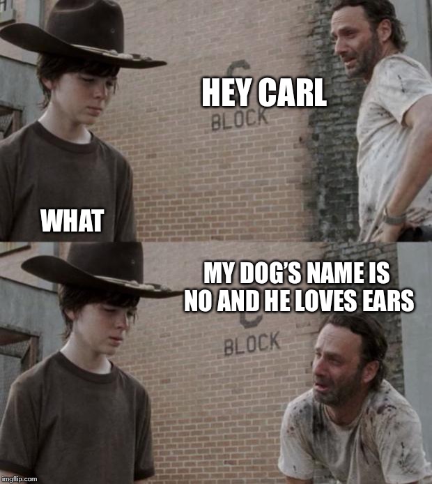 hey carl my dog | HEY CARL; WHAT; MY DOG’S NAME IS NO AND HE LOVES EARS | image tagged in memes,rick and carl | made w/ Imgflip meme maker