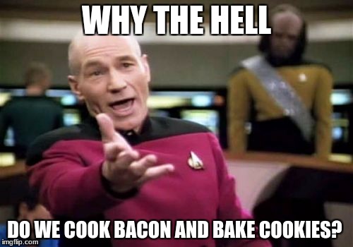 Picard Wtf | WHY THE HELL; DO WE COOK BACON AND BAKE COOKIES? | image tagged in memes,picard wtf | made w/ Imgflip meme maker