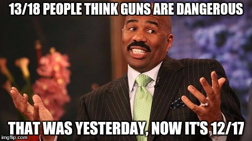 Update Alert  | 13/18 PEOPLE THINK GUNS ARE DANGEROUS; THAT WAS YESTERDAY, NOW IT'S 12/17 | image tagged in memes,steve harvey | made w/ Imgflip meme maker