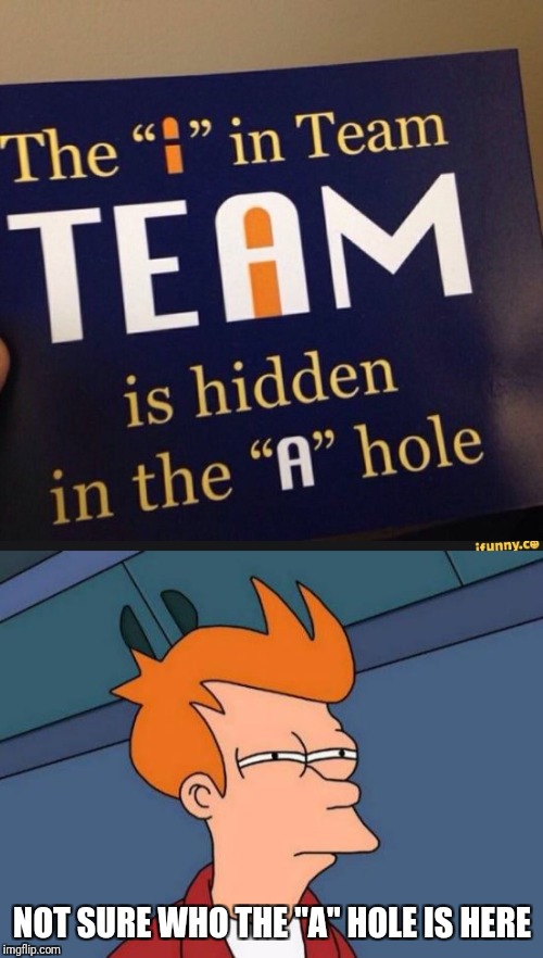 Team Of 1 | NOT SURE WHO THE "A" HOLE IS HERE | image tagged in memes,futurama fry | made w/ Imgflip meme maker