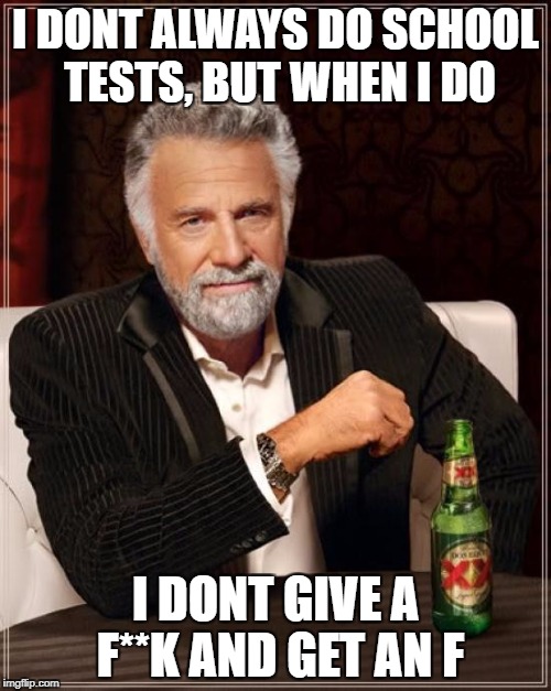 The Most Interesting Man In The World Meme | I DONT ALWAYS DO SCHOOL TESTS, BUT WHEN I DO; I DONT GIVE A F**K AND GET AN F | image tagged in memes,the most interesting man in the world | made w/ Imgflip meme maker