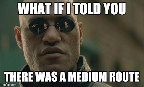 Matrix Morpheus | WHAT IF I TOLD YOU; THERE WAS A MEDIUM ROUTE | image tagged in memes,matrix morpheus | made w/ Imgflip meme maker