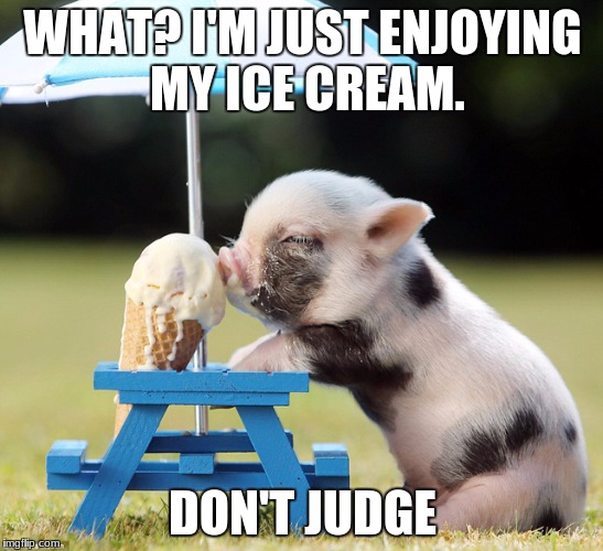Pig Ice Cream | WHAT? I'M JUST ENJOYING MY ICE CREAM. DON'T JUDGE | image tagged in pig ice cream | made w/ Imgflip meme maker