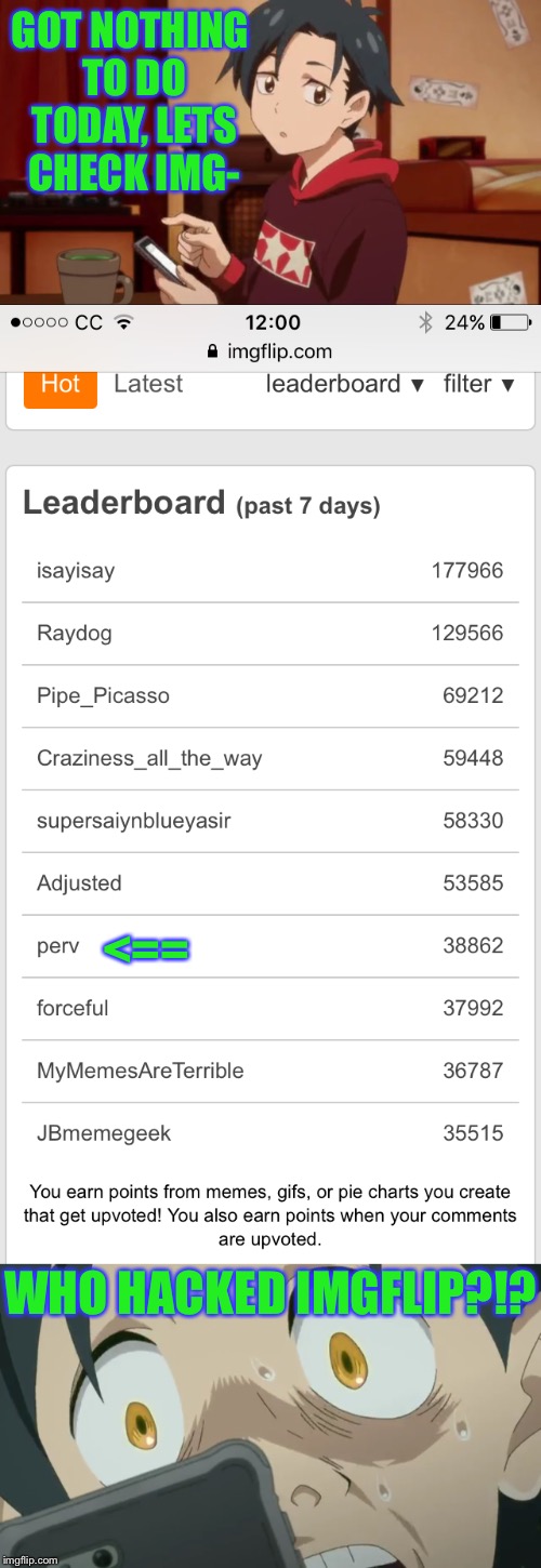 Thanks everybody so much for getting me to the top 10 weekly leaderboard!!! :D :D :D | GOT NOTHING TO DO TODAY, LETS CHECK IMG-; <==; WHO HACKED IMGFLIP?!? | image tagged in imgflip,leaderboard,thank you,points,perv | made w/ Imgflip meme maker