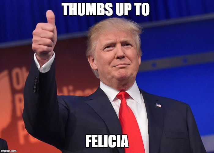 Trump bye felicia | THUMBS UP TO; FELICIA | image tagged in trump bye felicia | made w/ Imgflip meme maker