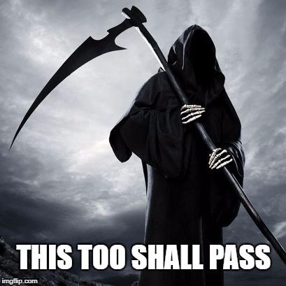 Shut up reaper. Just SHUT UP!!! | THIS TOO SHALL PASS | image tagged in reaper,grim reaper,next,inspirational quote,inspirational | made w/ Imgflip meme maker
