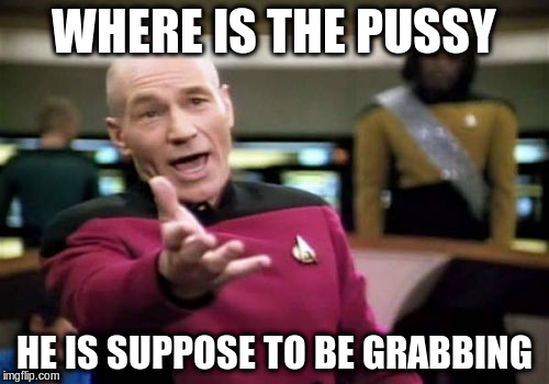 Picard Wtf Meme | WHERE IS THE PUSSY HE IS SUPPOSE TO BE GRABBING | image tagged in memes,picard wtf | made w/ Imgflip meme maker