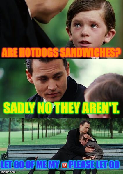 The truth reveled | ARE HOTDOGS SANDWICHES? SADLY NO THEY AREN'T. LET GO OF ME MY 🅱 PLEASE LET GO | image tagged in memes,finding neverland | made w/ Imgflip meme maker