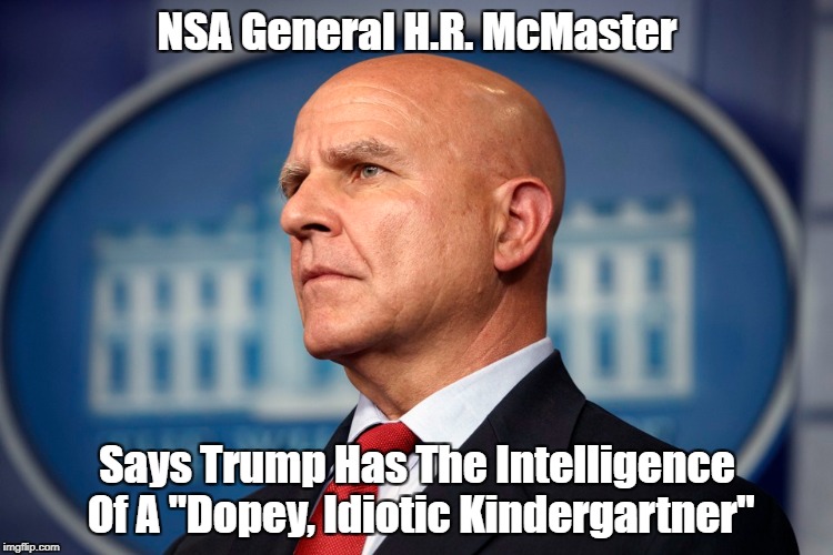 General H.R. McMaster's Opinion Of Donald Trump | NSA General H.R. McMaster; Says Trump Has The Intelligence Of A "Dopey, Idiotic Kindergartner" | image tagged in mcmaster,deplorable donald,despicable donald,devious donald,dishonorable donald,dunderheaded donald | made w/ Imgflip meme maker