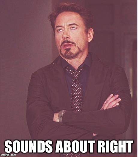 Face You Make Robert Downey Jr Meme | SOUNDS ABOUT RIGHT | image tagged in memes,face you make robert downey jr | made w/ Imgflip meme maker