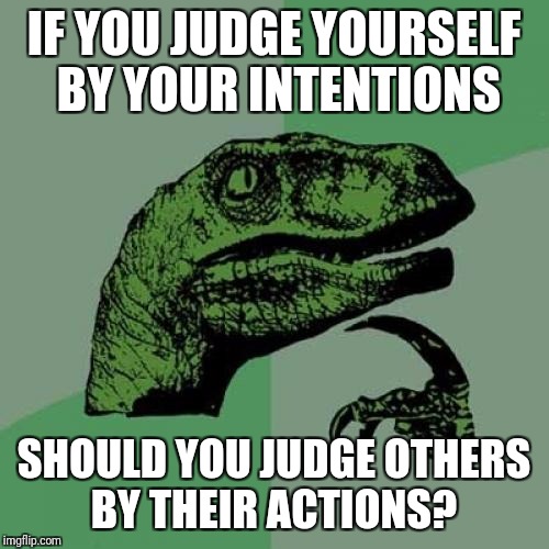 Philosoraptor Meme | IF YOU JUDGE YOURSELF BY YOUR INTENTIONS; SHOULD YOU JUDGE OTHERS BY THEIR ACTIONS? | image tagged in memes,philosoraptor | made w/ Imgflip meme maker