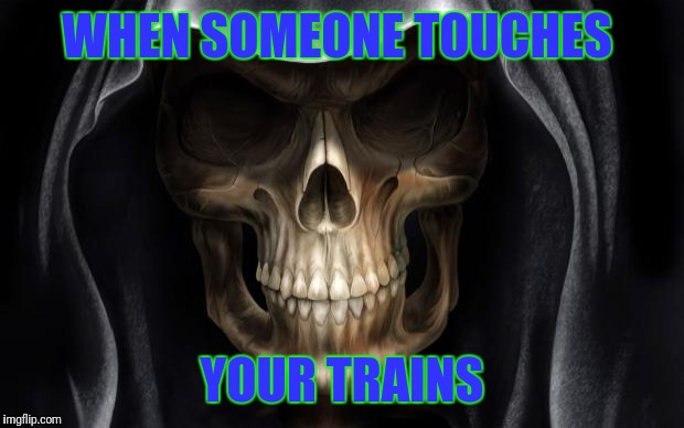 Death Skull | WHEN SOMEONE TOUCHES; YOUR TRAINS | image tagged in death skull | made w/ Imgflip meme maker