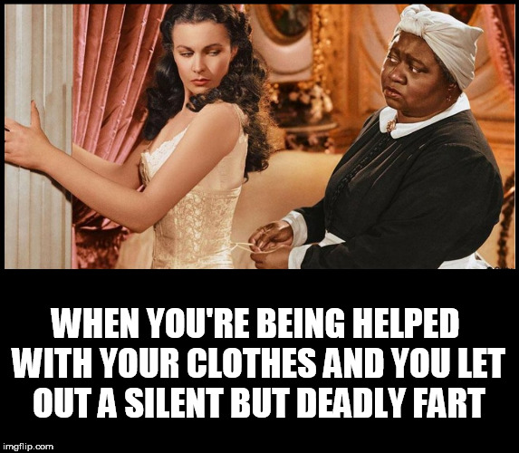 silent but deadly | WHEN YOU'RE BEING HELPED WITH YOUR CLOTHES AND YOU LET OUT A SILENT BUT DEADLY FART | image tagged in fart,gone with the wind,scarlett o'hara,farting,deadly,silent | made w/ Imgflip meme maker