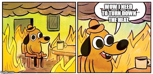 This Is Fine | WOW I NEED TO TURN DOWN THE HEAT. | image tagged in this is fine dog | made w/ Imgflip meme maker