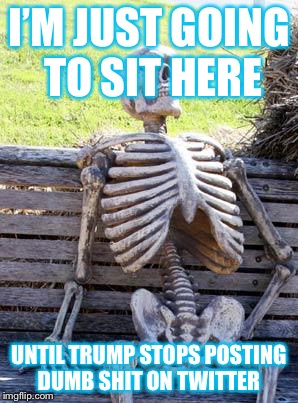 Waiting Skeleton Meme | I’M JUST GOING TO SIT HERE; UNTIL TRUMP STOPS POSTING DUMB SHIT ON TWITTER | image tagged in memes,waiting skeleton | made w/ Imgflip meme maker