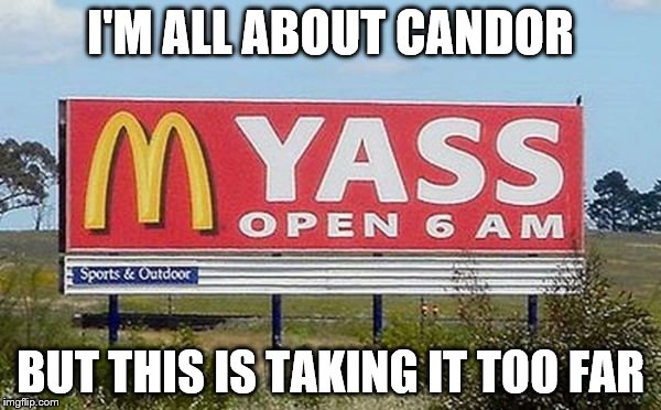 should I care that its open? | I'M ALL ABOUT CANDOR; BUT THIS IS TAKING IT TOO FAR | image tagged in funny signs,funny memes,mcdonalds | made w/ Imgflip meme maker
