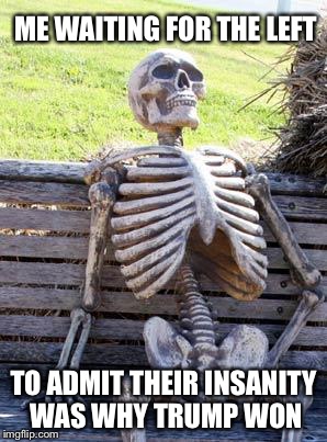 Waiting Skeleton | ME WAITING FOR THE LEFT; TO ADMIT THEIR INSANITY WAS WHY TRUMP WON | image tagged in memes,waiting skeleton | made w/ Imgflip meme maker