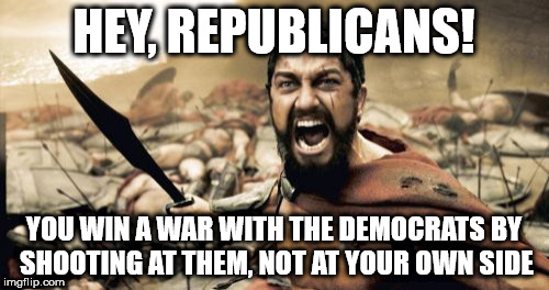 Sparta Leonidas | HEY, REPUBLICANS! YOU WIN A WAR WITH THE DEMOCRATS BY SHOOTING AT THEM, NOT AT YOUR OWN SIDE | image tagged in memes,sparta leonidas | made w/ Imgflip meme maker