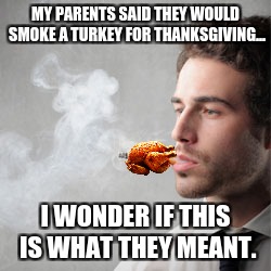 MY PARENTS SAID THEY WOULD SMOKE A TURKEY FOR THANKSGIVING... I WONDER IF THIS IS WHAT THEY MEANT. | image tagged in smoking,turkey,thanksgiving | made w/ Imgflip meme maker