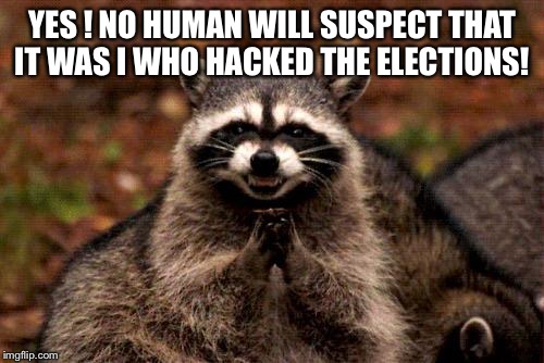 Evil Plotting Raccoon | YES ! NO HUMAN WILL SUSPECT THAT IT WAS I WHO HACKED THE ELECTIONS! | image tagged in memes,evil plotting raccoon | made w/ Imgflip meme maker