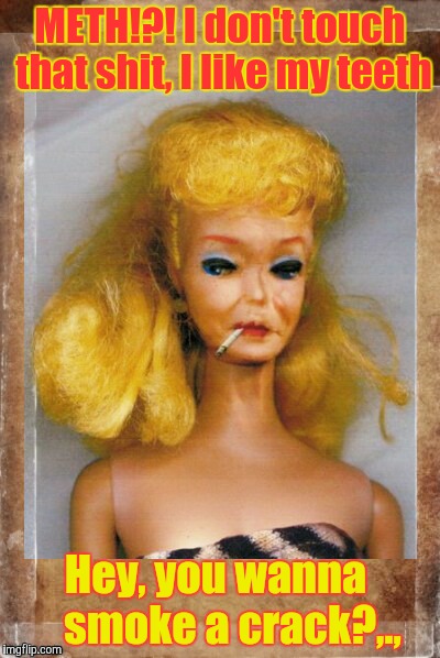 Crack Ho Barbie,,, | METH!?! I don't touch that shit, I like my teeth Hey, you wanna     smoke a crack?,., | image tagged in crack ho barbie   | made w/ Imgflip meme maker