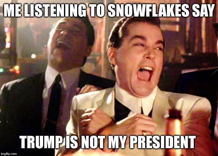 Trump is your President  |  ME LISTENING TO SNOWFLAKES SAY; TRUMP IS NOT MY PRESIDENT | image tagged in two laughing men | made w/ Imgflip meme maker