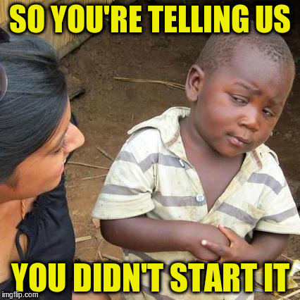 Third World Skeptical Kid Meme | SO YOU'RE TELLING US YOU DIDN'T START IT | image tagged in memes,third world skeptical kid | made w/ Imgflip meme maker