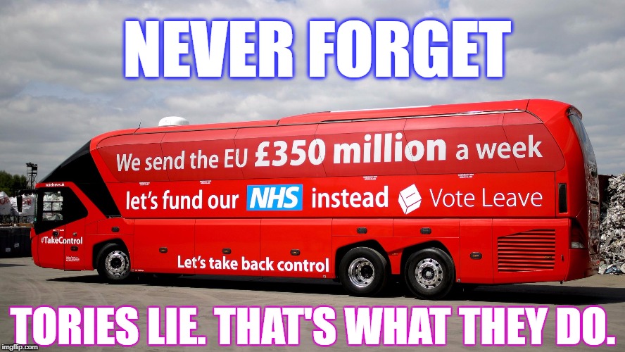 Brexit Bus
 | NEVER FORGET; TORIES LIE. THAT'S WHAT THEY DO. | image tagged in brexit bus | made w/ Imgflip meme maker