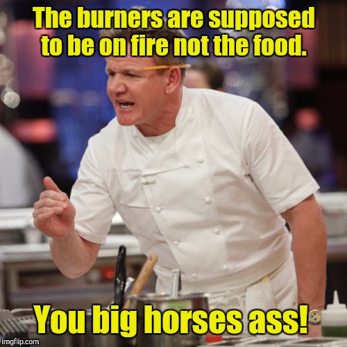 The burners are supposed to be on fire not the food. You big horses ass! | made w/ Imgflip meme maker