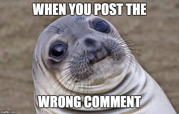 Wrong comment | WHEN YOU POST THE; WRONG COMMENT | image tagged in memes,awkward moment sealion,wrong comment section | made w/ Imgflip meme maker