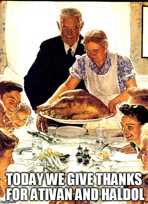TODAY WE GIVE THANKS FOR ATIVAN AND HALDOL | image tagged in nurse,thanksgiving | made w/ Imgflip meme maker