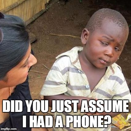 Third World Skeptical Kid Meme |  DID YOU JUST ASSUME I HAD A PHONE? | image tagged in memes,third world skeptical kid,phone,cell phone,did you just assume my gender | made w/ Imgflip meme maker