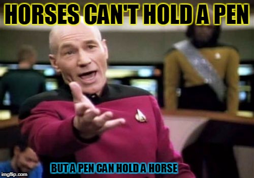 Picard Wtf Meme | HORSES CAN'T HOLD A PEN BUT A PEN CAN HOLD A HORSE | image tagged in memes,picard wtf | made w/ Imgflip meme maker