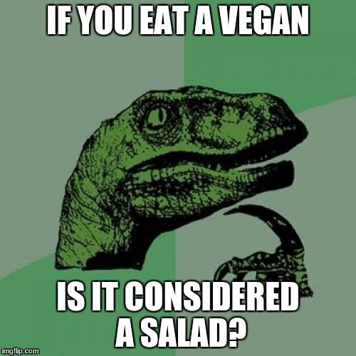 Philosoraptor | IF YOU EAT A VEGAN; IS IT CONSIDERED A SALAD? | image tagged in memes,philosoraptor | made w/ Imgflip meme maker