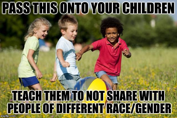 Children Playing | PASS THIS ONTO YOUR CHILDREN; TEACH THEM TO NOT SHARE WITH PEOPLE OF DIFFERENT RACE/GENDER | image tagged in children playing | made w/ Imgflip meme maker